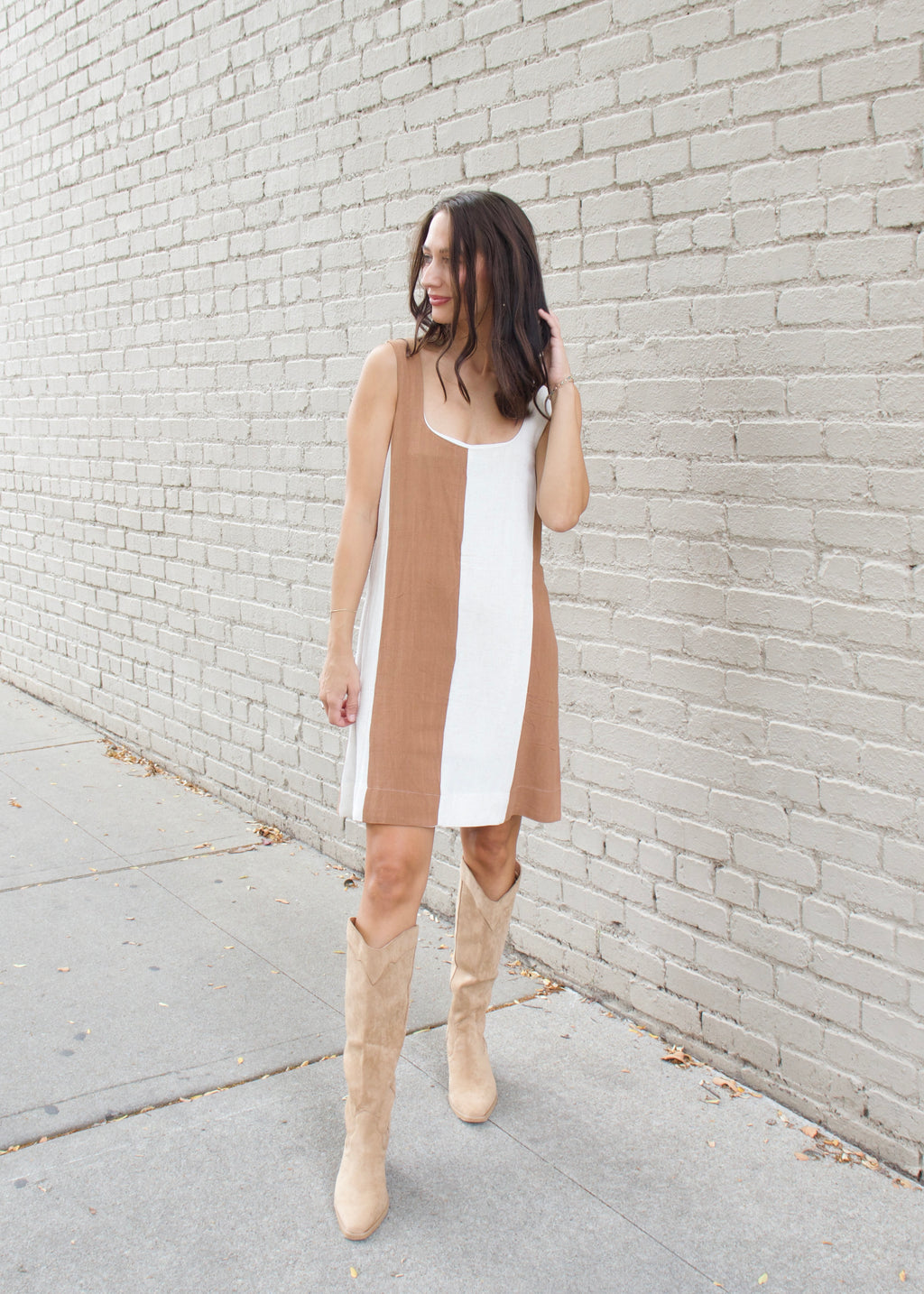 Wide Stripe Linen Mini Dress - Brown S Wide Stripe Linen Mini Dress - Brown S