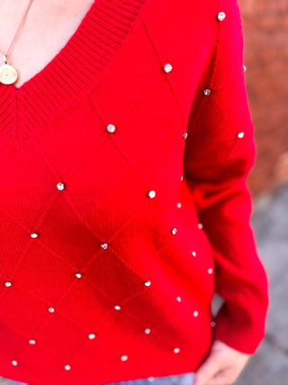 Rhinestone Detail Sweater - Red
