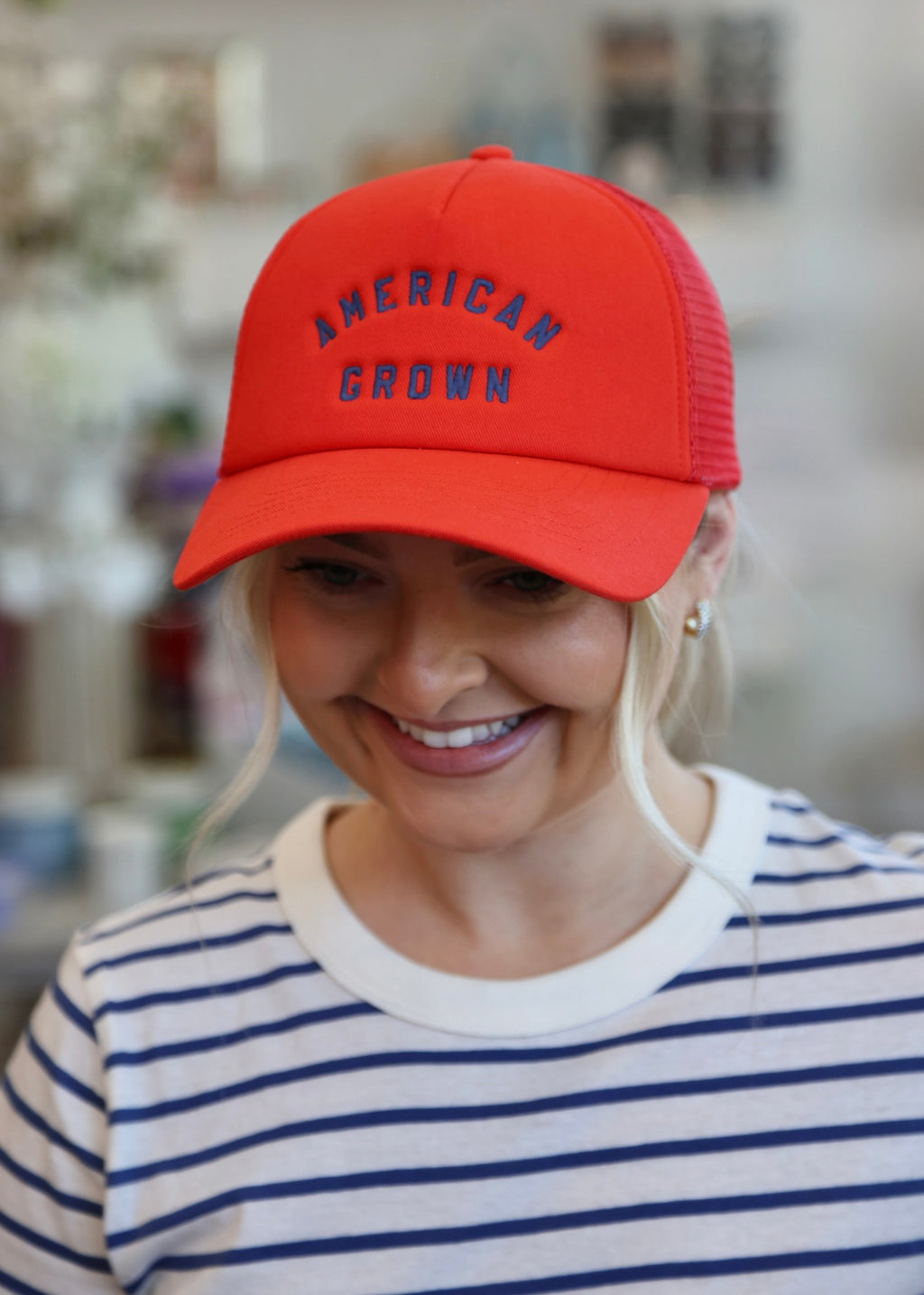 Red \'All American Hairstylist\' NEW Embroidered Trucker Hat All American Red Trucker Hat – Southern Bliss Company main image 4