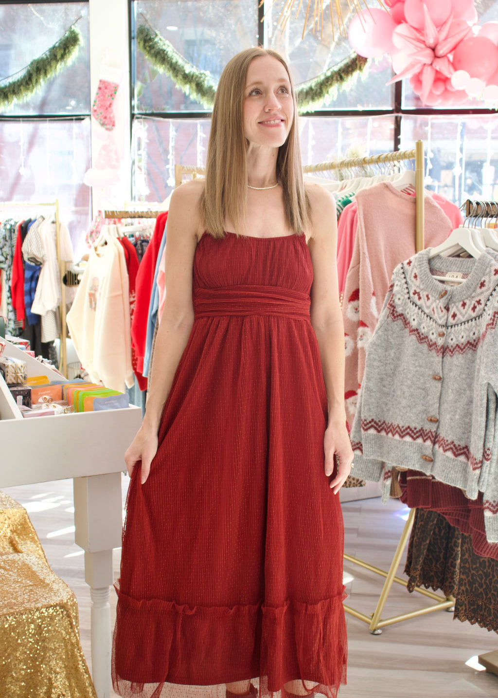 Polka Dot Tulle Midi Dress - Burgundy L