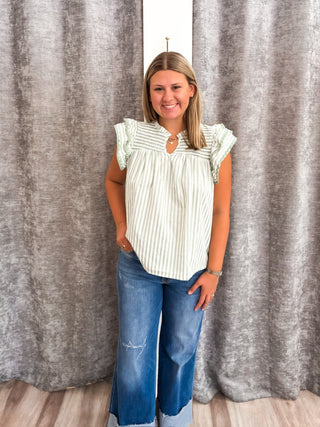 Striped Smocked Blouse - Sage