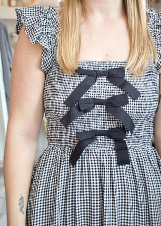 Plaid Smock Bow Midi Dress - Black