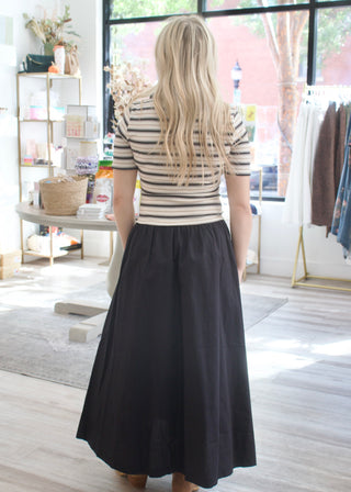 Striped Ribbed Polo Twofer Midi Dress - Black