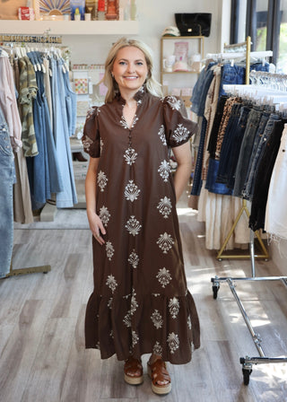Botanical Emb Midi Dress - Brown