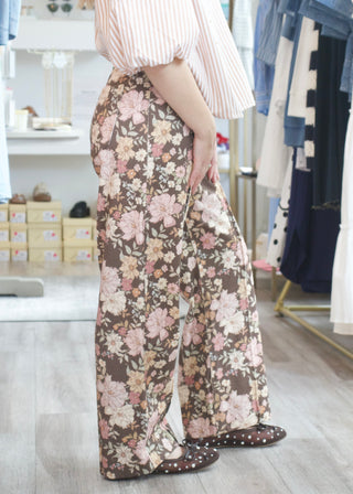 Floral Print Denim Pants - Brown