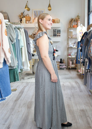 Plaid Smock Bow Midi Dress - Black