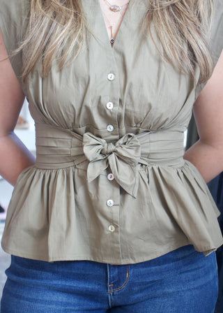 Pleated Waist V Blouse - Olive