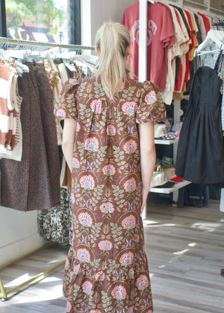 Floral Print Puff Maxi Dress - Brown