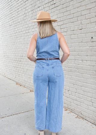 Collared Wide Leg Denim Jumpsuit