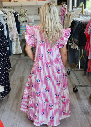 Stripe & Floral Flutter Tiered Midi Dress - Pink