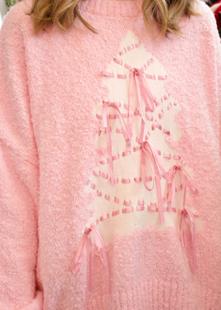 Tree Satin Bow Sweater - Pink