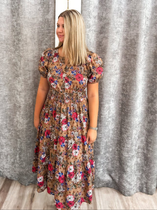 Floral Tiered Midi Dress - Brown