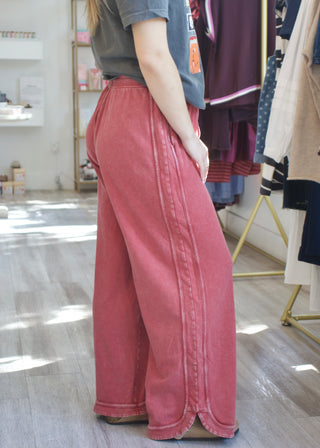 Mineral Washed Terry Knit Pants - Wine
