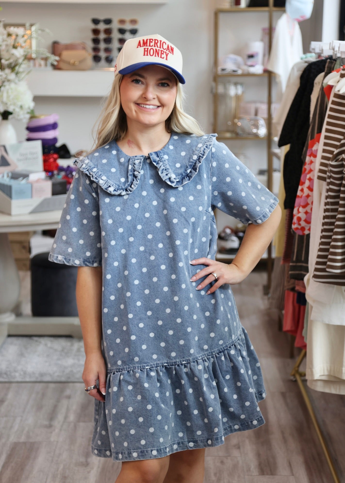 Polka Dot Denim Mini Dress XS