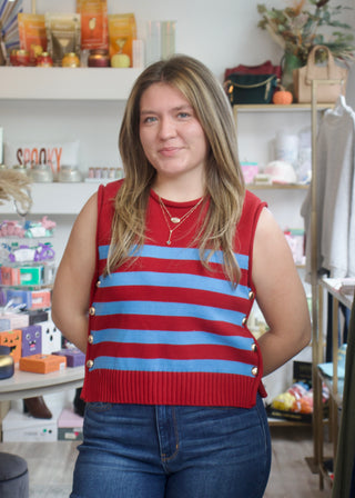 Stripe Gold Button Tank - Burgundy