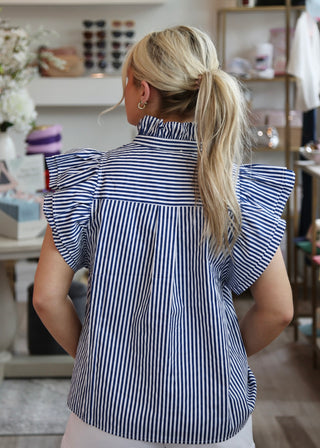 Stripe Flutter Ruffle Top - Navy