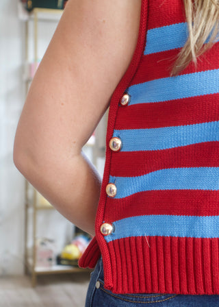 Stripe Gold Button Tank - Burgundy