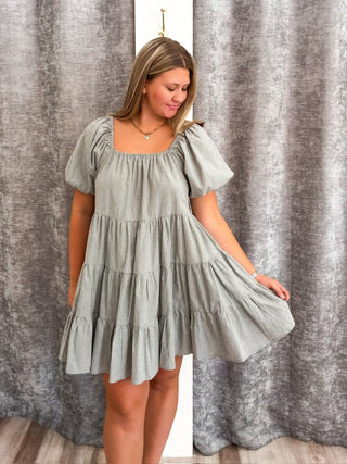Striped Puff Mini Dress - Olive