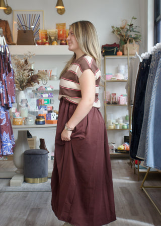 Stripe Midi Dress Set - Brown