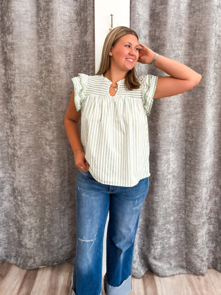 Striped Smocked Blouse - Sage