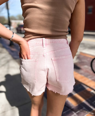 Cotton Distressed Denim Shorts - Pink