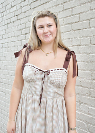 Plaid Ribbon Corset Midi Dress - Khaki