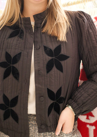 Velvet Flower Quilted Puffer - Black