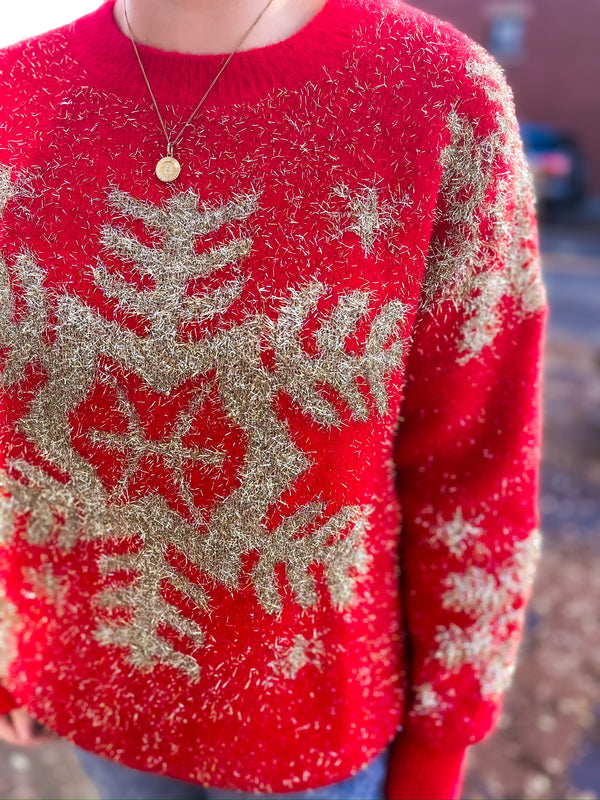 Snowflake Metallic Eyelash Sweater - Red