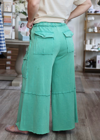 Mineral Washed Wide Leg Cargo Pants - Atlantis Green