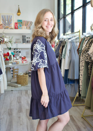 Emb Puff Tiered Mini Dress - Navy