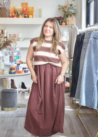 Stripe Midi Dress Set - Brown