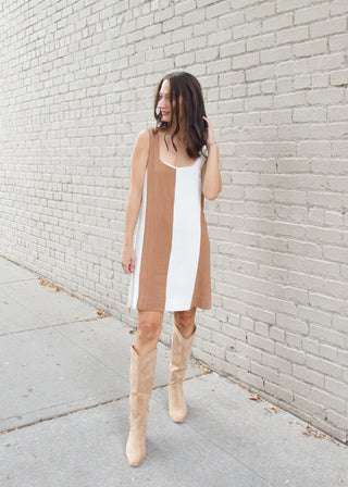 Wide Stripe Linen Mini Dress - Brown M Wide Stripe Linen Mini Dress - Brown M