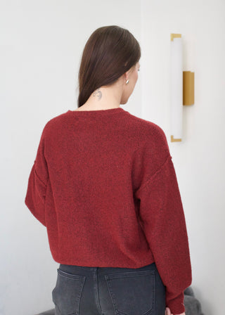 Ribbed Trim Button Cardigan - Deep Red