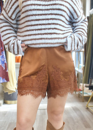 Lace Trim Satin Shorts - Brown