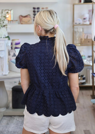 Eyelet Emb Puff Top - Navy