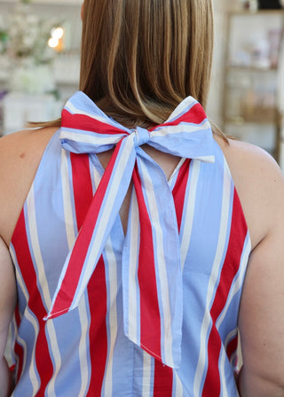 Stripe Halter Mini Dress - Blue/Red