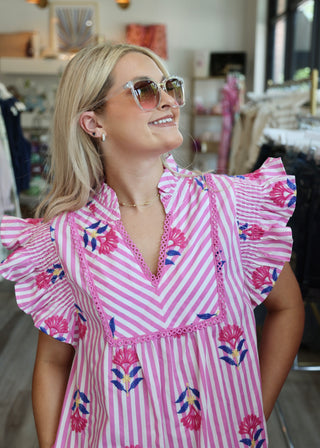 Stripe & Floral Flutter Tiered Midi Dress - Pink