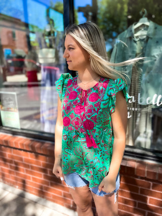 Kind Embroidered Tessle Top - Green