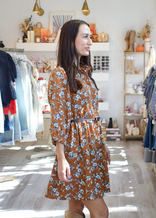 Floral Corduroy Button Babydoll Dress - Brown