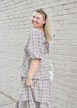 Crinkled Plaid Smocked Midi Dress - Beige