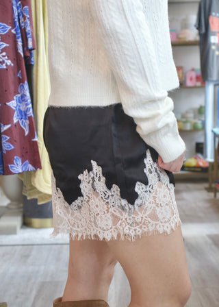 Contrast Lace Satin Shorts - Black