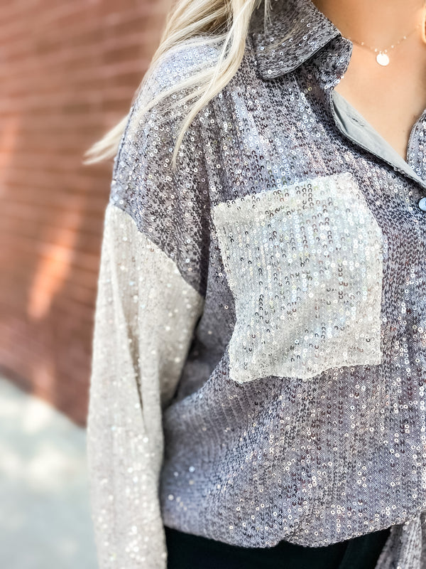 Sequin Button Up - Charcoal