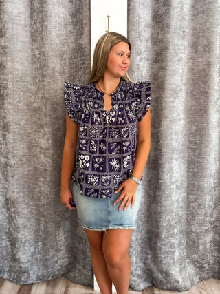 Abstract Ruffle Smocked Blouse - Navy