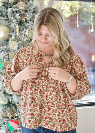 Vintage Floral Pintuck Blouse - Red
