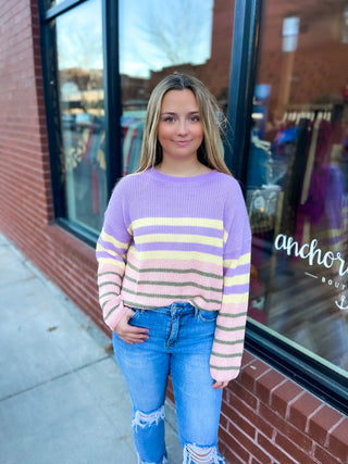Colorblock Stripe Knit Sweater - Lavender
