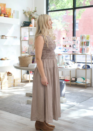 Smocked Gingham Midi Dress - Brown