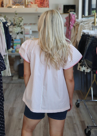 V Neck Stripe Lace Top - Pink