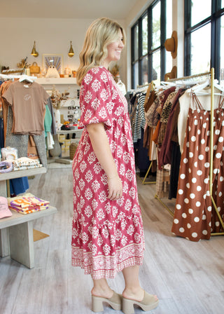 Abstract Border Midi Dress - Pink