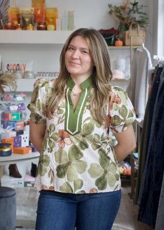Floral Eyelet Binding Top - Olive