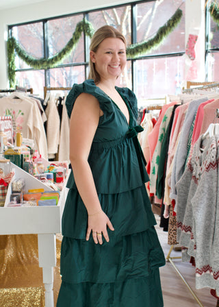 Velvet Bow Band Ruffled Midi Dress - Hunter